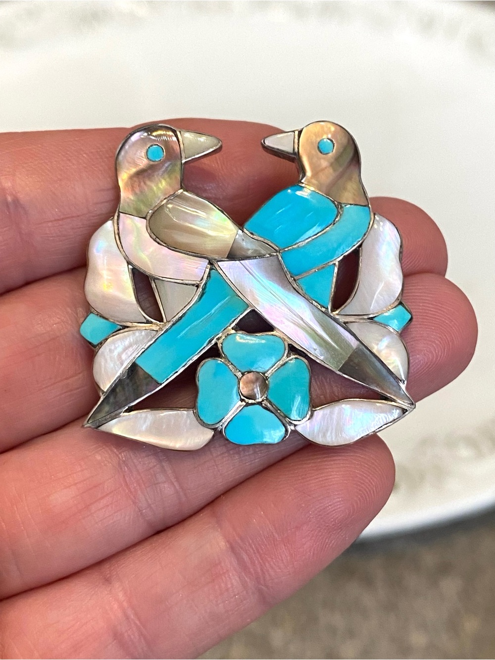 Vintage Zuni Jack Mahkee Sterling Silver Turquoise Inlay Bird Brooch